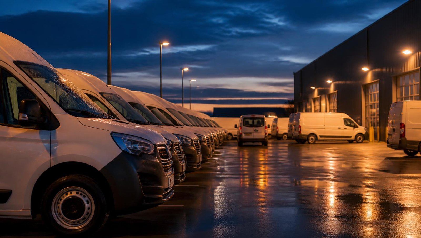 Fleet depot at dusk with rows of parked vans