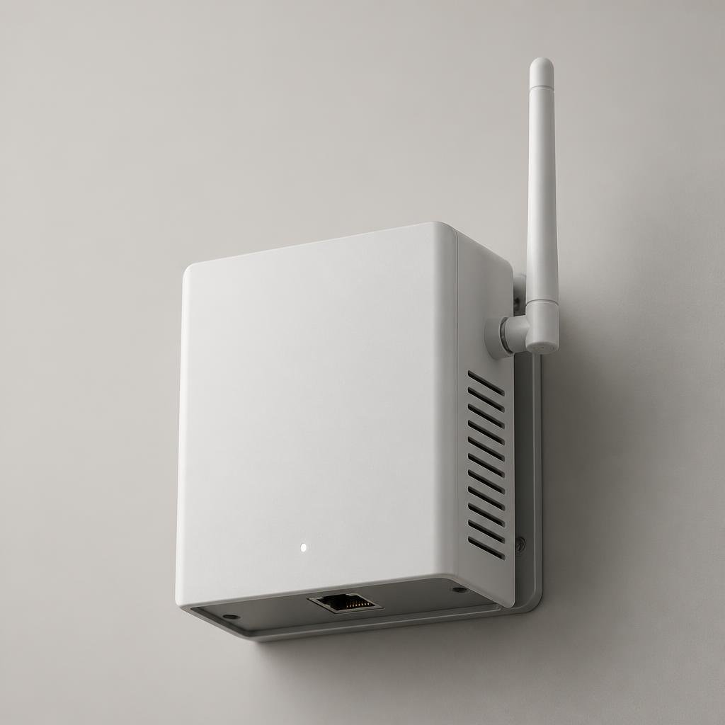 Wall-mounted Asset On Site gateway device installed in a technical room