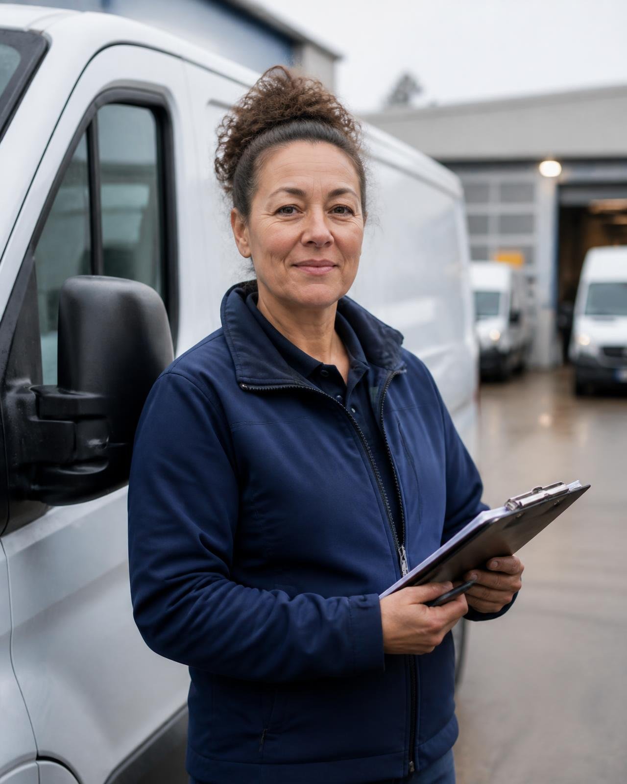 Field technician standing beside a service van at a maintenance depot