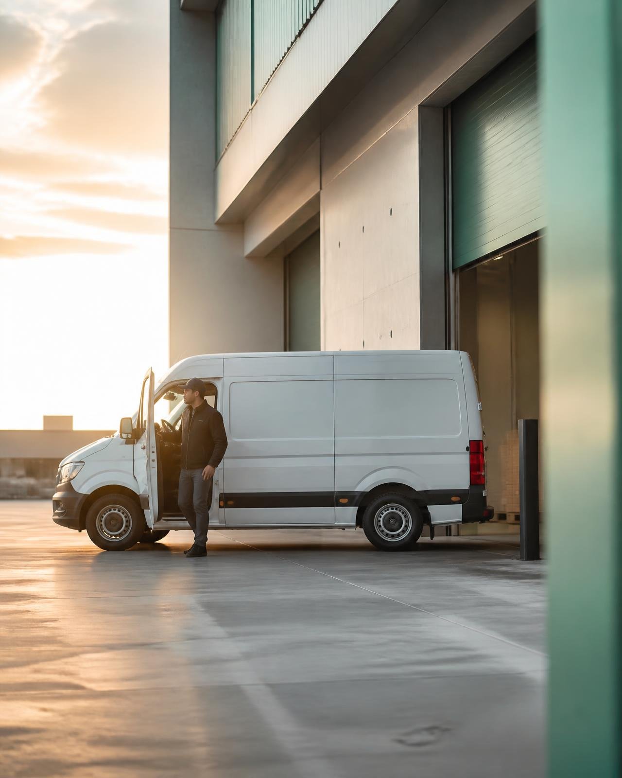 White service van arriving at a warehouse loading bay at golden hour